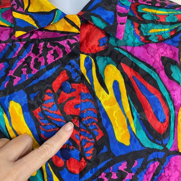 Vintage Womens DISCO PSYCHEDELIC Top Size 2X Pink Blue Satin Button Tunic Blouse - Picture 8 of 13